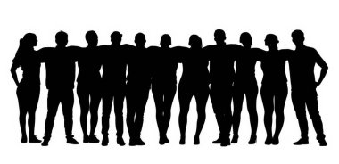 Siyah Siluet, bir grup insanın beyaz arka planda omuz omuza yuvarladıkları bir grup insan.