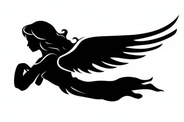 Beyaz bir arka planda, cennetteki kutsal bir meleğin siyah silueti.