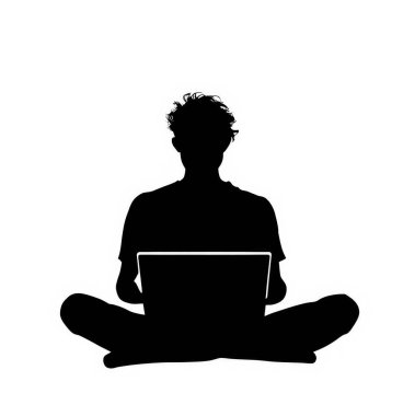 Beyaz arka planda dizüstü bilgisayarla yerde bağdaş kurmuş bir adamın siyah silueti.