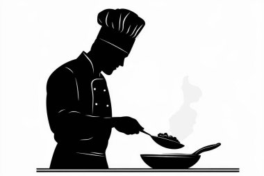 Siyah Siluet, beyaz bir arka planda yemek fırlatan bir şefin resmi.