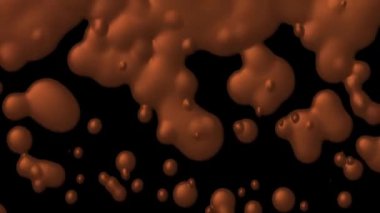 Çikolata renginde sıvı damlaları düşer ve siyah arka planda birleşir.