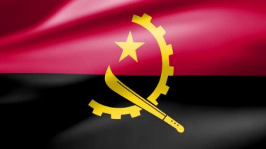 Angola bayrağı rüzgarda dalgalar halinde hareket ediyor pürüzsüz ipek yüzeye yansıyan ışıkla.