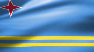 Yakın çekim Aruba bayrağı rüzgarda dalgalar halinde hareket eder pürüzsüz ipek yüzey üzerinde yansıyan ışık.