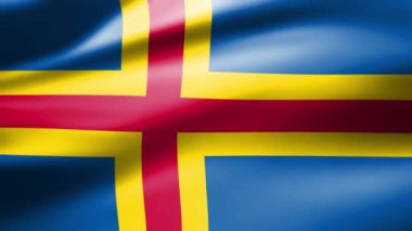 Aland Adaları bayrağı yakın çekimde rüzgarda dalgalar halinde hareket eder pürüzsüz ipeksi yüzeyde yansıyan ışıkla.