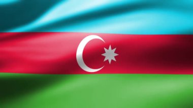 Azerbaycan bayrağı yakın çekimde rüzgarda dalgalar halinde hareket ediyor pürüzsüz ipek gibi yüzeye yansıyan ışıkla.