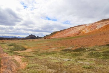 Renkli rhyolite dağlarının ve İzlanda 'da buharın yükseldiği jeotermal alanın manzarası