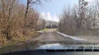 Kışın güneşli bir havada dar bir kırsal yolda hareket halindeki bir arabadan manzara.