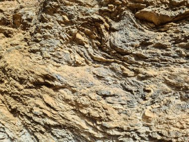 Yıpranmış kaya yüzeyinin yakın görüntüsü karmaşık jeolojik oluşumlar ve aşınma şekilleri ortaya çıkarıyor.