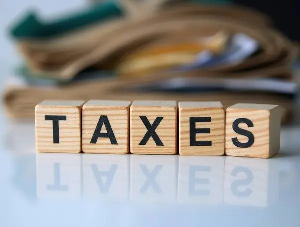 Tahta bloklar kelime vergilerini hecelerken arka planda bulanık kağıt yığınlarıyla yansıtıcı bir yüzey üzerinde oturuyorlar.