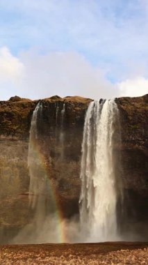 İzlanda 'da gökkuşağı ile görkemli seljalandsfoss şelalesinin yavaş hareketi