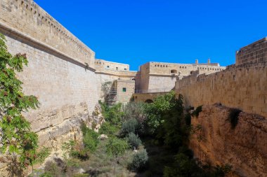 Valletta, Malta 27. Eylül 2024, hendek ve yüksek duvarlar Valletta, Malta 'yı koruyor ve hendekte bazı bitkiler yetişiyor.