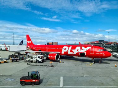 Keflavik, İzlanda 23. Haziran 2024, İzlanda, Keflavik Uluslararası Havaalanı 'ndaki kırmızı PLAY Airlines Airbus A321-neo' ya kargo ve bagaj yükleme ekibi