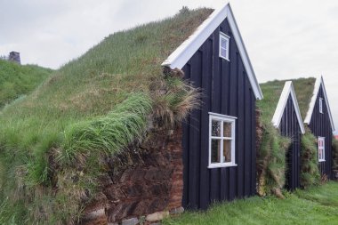 Holar, İzlanda, 12. Haziran 2024, Holar, İzlanda 'daki geleneksel İzlanda evlerinin çatılarında büyüyen çimenler sürdürülebilir mimari ve kültürel mirası gözler önüne seriyor.