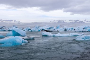 Buzdağları, arka planda Vatnajokull buzuluyla İzlanda 'daki Jokulsarlon buzulunda yüzüyor.