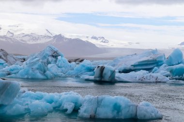 Buzdağları Jokulsarlon buzulu gölünde yüzüyor ve arka planda Vatnajokull buzulu var.