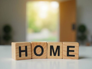 Dört ahşap küp beyaz bir yüzeye yerleştirilir ve arka planda odak dışı açık bir kapı ve bahçe bulunur.