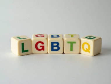 Beyaz arkaplanda lgbtq kısaltmasını oluşturan renkli harflerle beş küp