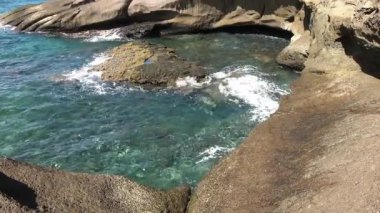 Tenerife 'nin kayalık kıyı şeridinde akan el değmemiş turkuaz okyanus suyu manzaralı şeffaf deniz manzaralı Atlantik güzelliğini ortaya çıkarıyor.