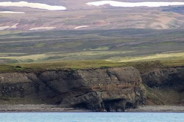 Kayaların ve toprağın renkli katmanları okyanusun sınırındaki yamaçlarda, yeşil çayırlar ve İzlanda 'nın arka planında karlı dağlar görülebilir.