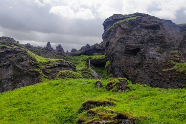 İzlanda 'da, bulutlu bir gökyüzünün altında, parlak yeşil çimenli bir tarlanın üzerinden akan küçük bir şelale.