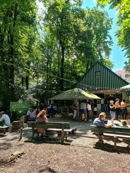 Münih, Almanya - 22. Haziran 2024: İnsanlar Münih 'te yemyeşil ağaçlarla çevrili geleneksel bir Bavyera bira bahçesinde güneşli bir günün tadını çıkarıyorlar