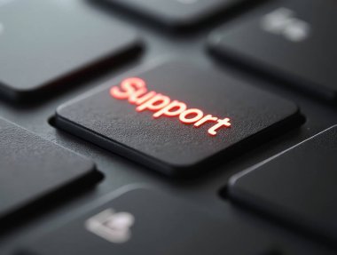 Siyah bir klavyede, müşteri hizmetleri ve teknik yardımı sembolize eden aydınlatılmış destek anahtarının yakın plan görüntüsü