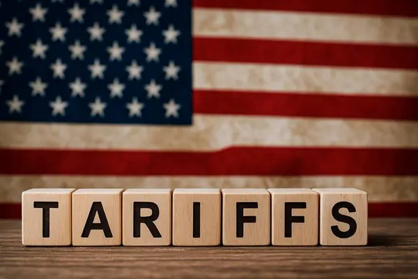 ABD bayrağının bulanık arkaplanına karşı ahşap küpler oluşturarak ticaret ve ekonomik temaları vurguluyor.