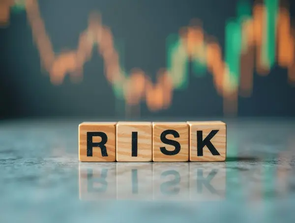 Masada risk içeren tahta küpler, arka planda kayıplar gösteren borsa grafiği, finansal risk kavramı