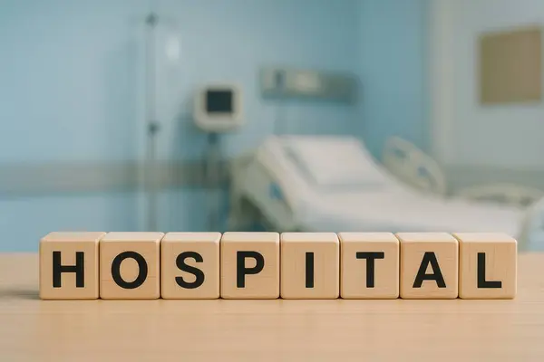 Hastane kelimesini oluşturan tahta küpler ön planda belirgin şekilde otururken, arka planda hafifçe bulanık bir hastane odası içerik sağlıyor.