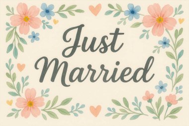 Çiçek süslemeleri ve yeni evliliğimizi kutlayan kalplerle çevrili bir düğün kartı.