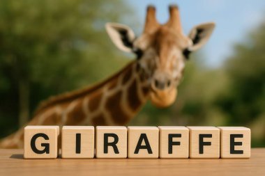 Zürafa kelimesini oluşturan tahta küpler odak noktasında otururken, bulanık bir zürafa ilginç bir şekilde neşeli kompozisyona bakıyor.