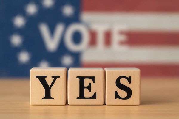 Три деревянных кубика на столе образуют слово "да", с американским флагом и словом "голос" на заднем плане