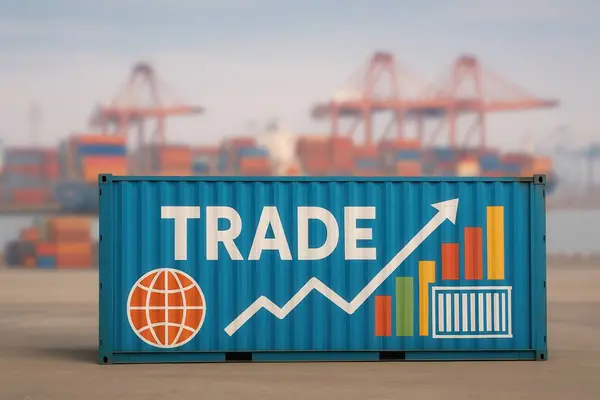 Ticari simgelerle ve olumlu eğilimli konteynır, arka planda artan uluslararası ticaret ve kargo gemisini gösteriyor
