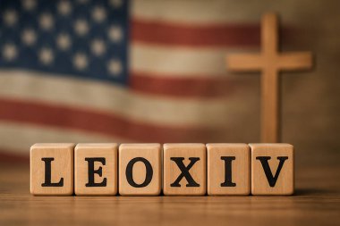 Amerikan bayrağı ve arka planda Hristiyan haçı bulunan Leo XIV adını taşıyan tahta küpler.