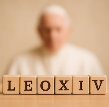 Papa XIV. Leo ismini oluşturan tahta küpler Papa Francis 'in bulanık arka planına karşı bir masanın üzerinde duruyor.