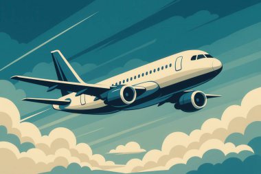 Beyaz stilize yolcu uçağı bulutların üzerinde açık mavi bir gökyüzünde uçuyor, vintage titreşimli vektör çizimi
