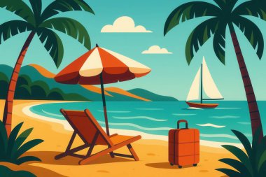 Kumlu bir sahil, rahat bir iskemle, şık bir bavul ve ufukta bir yelkenli ile rahatlatıcı bir yaz tatili havasını kucaklamak.