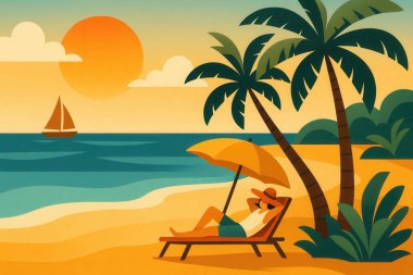 Şemsiyenin, palmiye ağaçlarının, yelkenlinin ve günbatımının altında plaj sandalyesinde dinlenen bir turistin stilize edilmiş yaz tatili konseptinin minimalist vektör çizimi