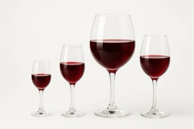 İçinde artan miktarda kırmızı şarap bulunan dört şarap kadehi alkol tüketimi kavramını gösteriyor.