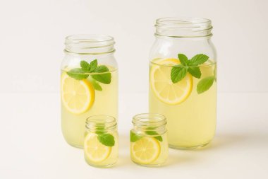 Kavanozlar ferahlatıcı limonatayla dolu, taze nane ve canlı limon dilimleriyle süslenmiş, yaz eğlencesinin özünü yakalayan