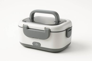 Gri saplı ve şeffaf kapaklı modern elektrikli beslenme çantası işteki veya hareket halindeki yiyecekleri sıcak tutmak için ideal.