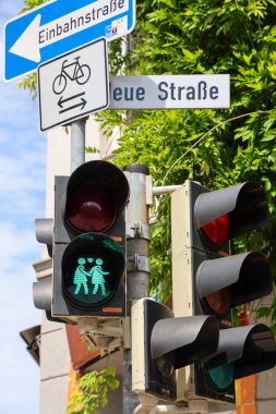 Flensburg, Almanya - 13. Haziran 2025: Almanya 'nın Flensburg kentinde iki kadının el ele tutuşup, aşkı ve hoşgörüyü kutladığını gösteren yeşil trafik ışığı