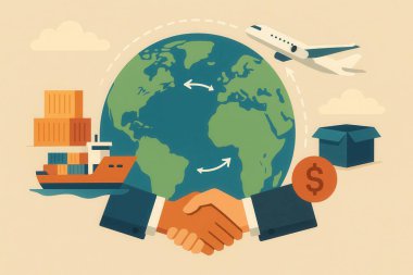 Dünya gezegeninin önünde el sıkışan iki işadamı, küresel ticaret anlaşmasını simgeliyor, uçak, kargo gemisi, kutu ve dolar.