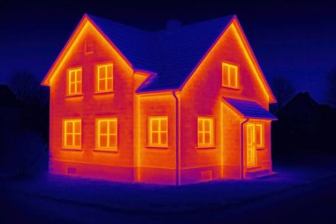 Kızılötesi termografi, gece yarısı ayrılmış bir evden ısı kaçtığını gösteriyor. Zayıf yalıtım alanlarını vurguluyor.