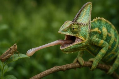 Örtülü bukalemun (Chamaeleo calyptratus) yeşil bir dala tünemiş uzun ve çevik diliyle bir böceği ustalıkla yakalar.