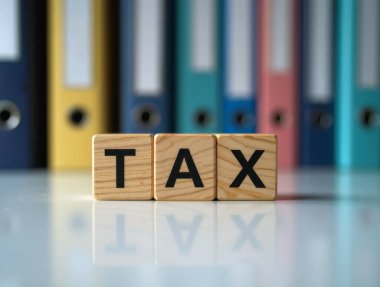 Ahşap bloklar arka planda renkli ofis klasörleri olan beyaz bir masaya yansıyan 