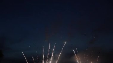 Karanlık gece gökyüzünde patlayan canlı havai fişekler göz kamaştırıcı renkli patlamalar ve parlak ışık desenleriyle şenlikli atmosferi aydınlatıyor.