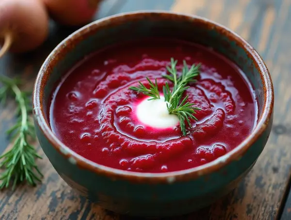 Bir kase lezzetli, canlı Rus çorbası bir tutam ekşi krema ve taze dereotu ile servis edilir.