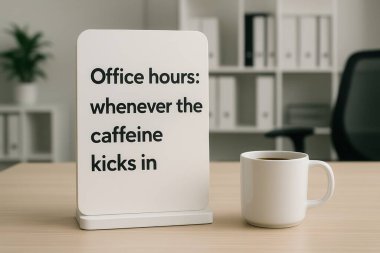 Kahve fincanı ve komik tabela ofis saatleri ve kafein ile ilgili bir alıntıyı gösteriyor.