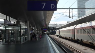 Viyana, Avusturya - 11. Temmuz 2025: Viyana 'nın ana tren istasyonu Wien Hauptbahnhof' daki 7D peronunda tren bekleyen turistler ve banliyö sakinleri